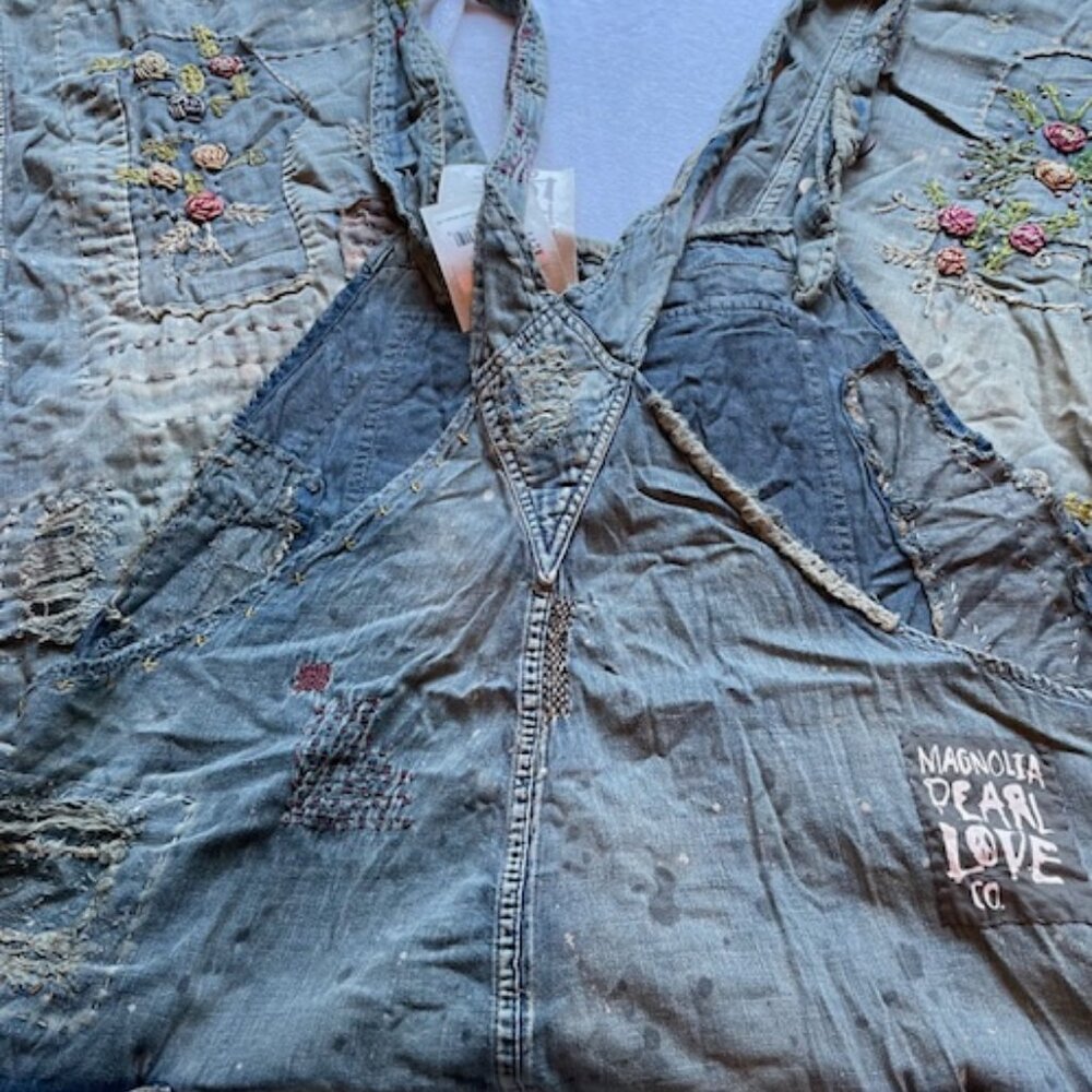 Magnolia Pearl Light Blue Patchwork Embroidered Denim Overalls Benjamins - Picture 5 of 16